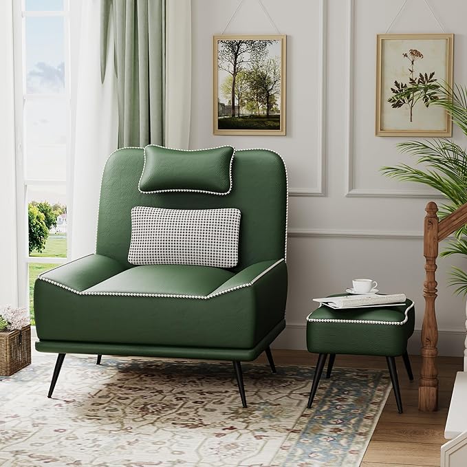 ALISH Modern Accent Chair with Ottoman Upholstered Chair and Ottoman Set Comfort Single Sofa Chair with Removeable Cushion for Living Room Bedroom(Green)