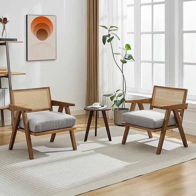 Garvee Mid-Century Modern Accent Chair Linen Upholstered Lounge Chair withWood Frame Soft Cushion - Comfortable Reading Armchair for Living Room Bedroom Office - Gray 2 PCS