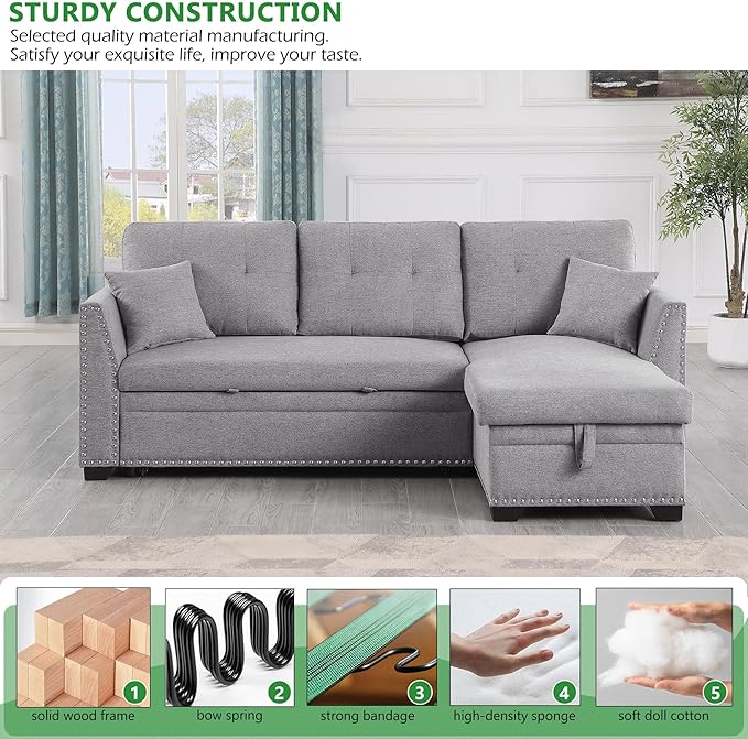 BEEY Convertible Sleeper Sofa Bed 82 Small Sectional Sofa with Storage Chaise for Small Spaces L Shaped Couch with Pull Out Bed for Bedroom Living Room (Light_Grey)
