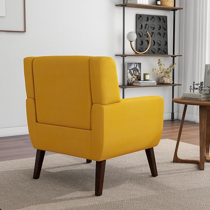 Accent Chair Mid-Century Modern Fabric Chairs with Arms for Living Room Comfy Upholstered Club Single Sofa Armchair for Bedroom Waiting Room with Solid Wood Frame (Fabric Yellow Set of 2)