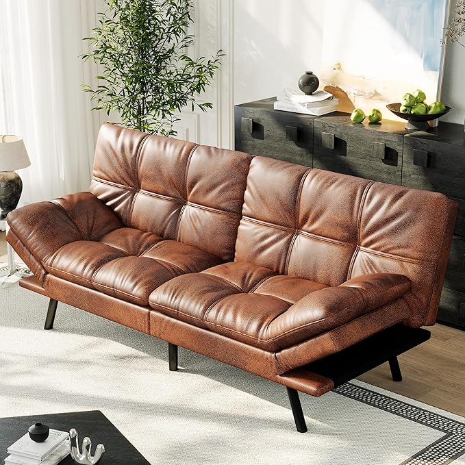 71 Convertible Futon Sofa BedBrown Faux Leather Futon CouchMemory Foam Reclining Sleeper Sofa BedModern Folding Small Loveseat Couches for Living RoomOfficeApartment