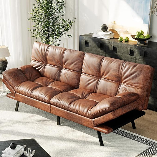 71 Convertible Futon Sofa BedBrown Faux Leather Futon CouchMemory Foam Reclining Sleeper Sofa BedModern Folding Small Loveseat Couches for Living RoomOfficeApartment