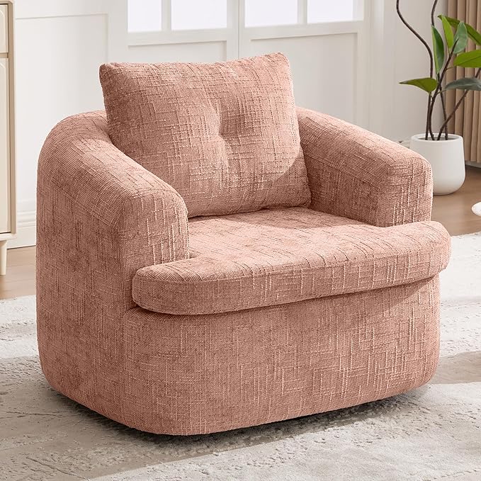 360° Swivel Barrel Accent Chair 36.6 Swivel Round Sofa Chair with Dual-Layer Cushion Design Modern Upholstered Single Sofa for Living Room Bedroom Office and Hotel (Pink 121)