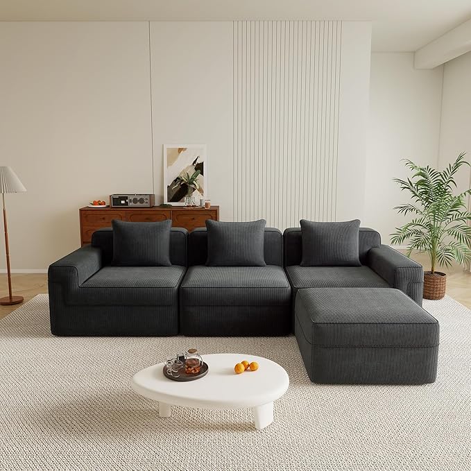 Boneless Couch117.3 No Assembly L Shaped Oversize Modular Sectional Cloud CouchSolid Foam Corduroy Sofa with Ottoman for Living Room (Black Corduroy3 Seats with Ottoman)