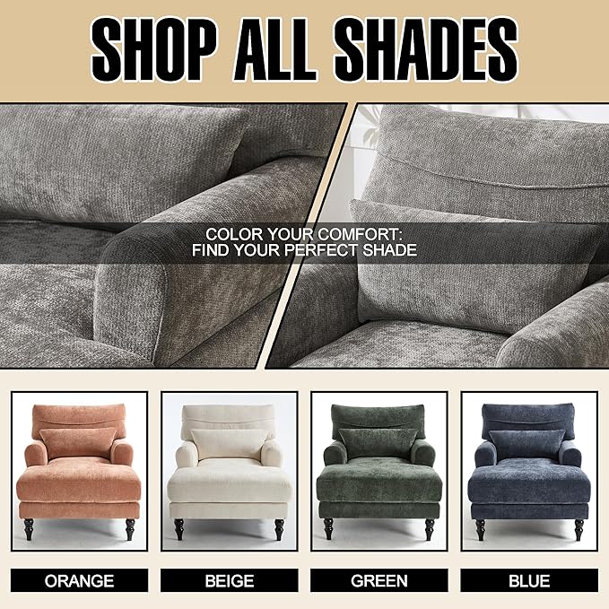 Chaise Lounge Chair Indoor Modern Leisure Sleeper Sofa Chair w/Double Deep Cushion Accent Upholstered Reading Side Armchair Recliner Arm Chairs for Living Room &amp Bedroom Easy Assembly