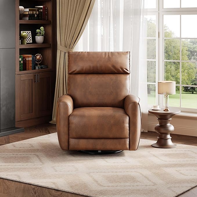 GAOMON Power Recliner Chair Swivel Glider Faux Leather Upholstered Nursery Rocker Reclining Sofa Chair with Charging Port Curved Armrests &amp Padded Backrest for Living Room and Bedroom (Light Brow