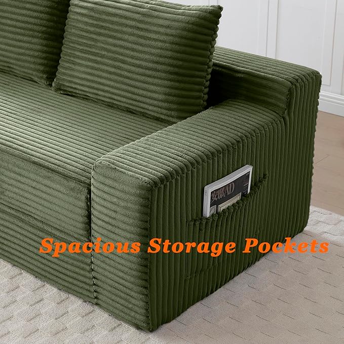 73 Cloud Loveseat Sofa Bed Green - Boneless 2-Seater Couch No Assembly Convertible Folding 2-in-1 Design Small Space Corduroy Memory Foam Floor Lounge Couch for Bedroom Living Room (Green)