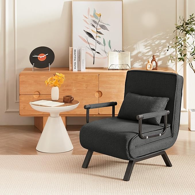 Sleep Chair Bed Comfy Convertible Sleeper Chairs for Adults 5 in 1 Folding Sofa Bed with 5 Position Adjustable Backrest Pillow Cozy Small Chair Couch for Small Spaces Office (Black)