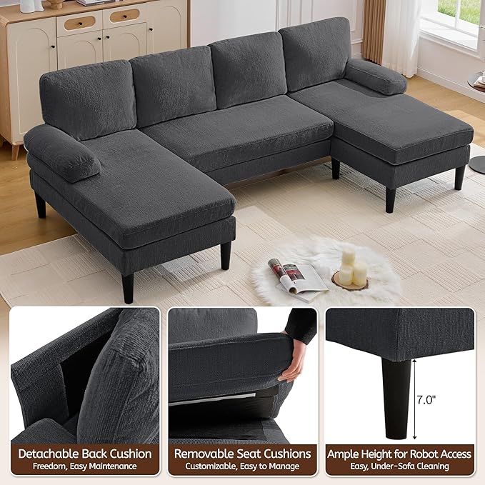 101 Sectional Couches for Living Room U Shaped Sofa with Double Chaise Lounge Modern Chenille Fabric 4-Seat Couch for Apartment/Small Space Grey