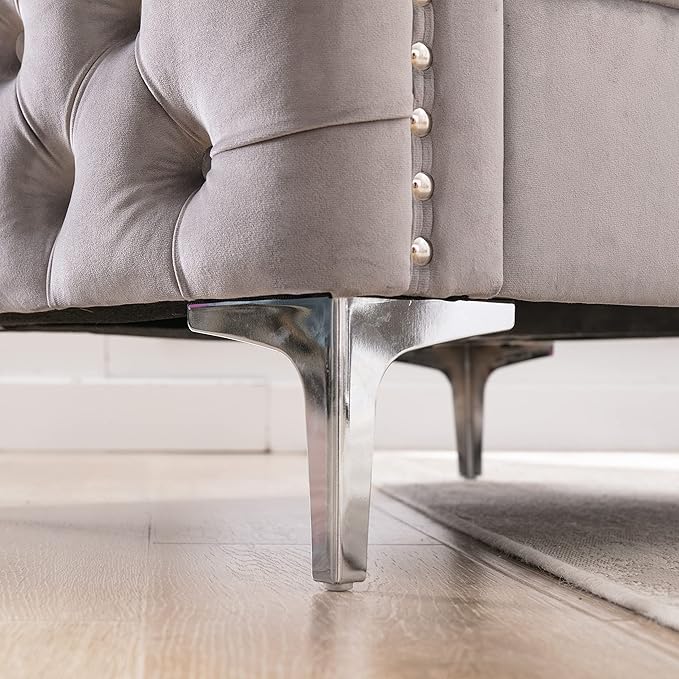 Modern Velvet Armchair Tufted Button Accent Chair Club Chair with Steel Legs for Living Room BedroomGrey