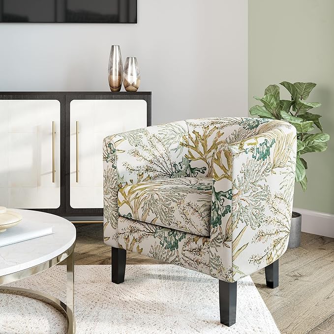 BELLEZE Living Room Chairs Set of 2 Linen Round Accent Barrel Chairs Club Tub Sofa Chairs for Bedroom Corner Chairs with Flared Legs and Cozy Soft Padding - Highland (Green Coral)