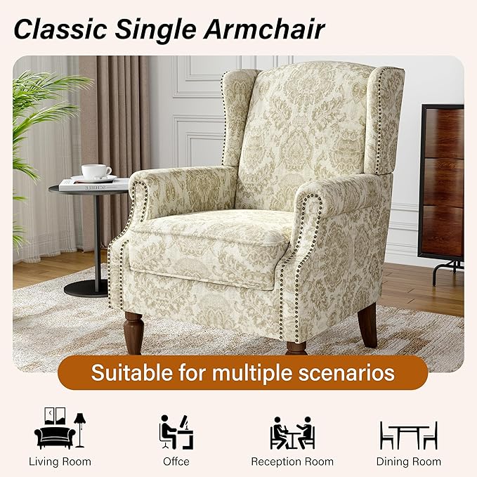 Wingback Accent Chairs Set of 2 High Back Upholstered Armchair Printed Fabric Wingback Arms Chairs with Wood Legs Single Sofa Reading Chair for Bedroom Living Room White