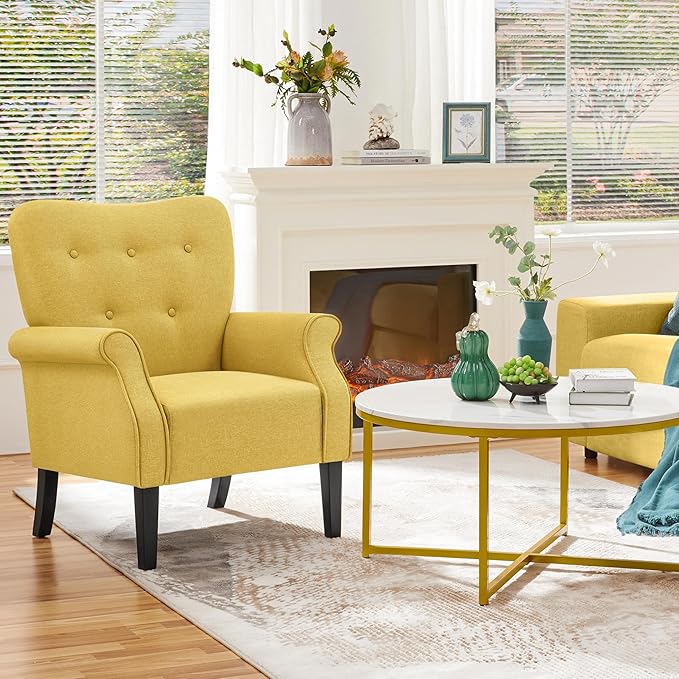 Yaheetech Modern Armchair Mid Century Accent Sofa Chair with Sturdy Wood Legs and High Back Upholstered Fabric Sofa Club Chair for Living Room/Bedroom/Office Yellow