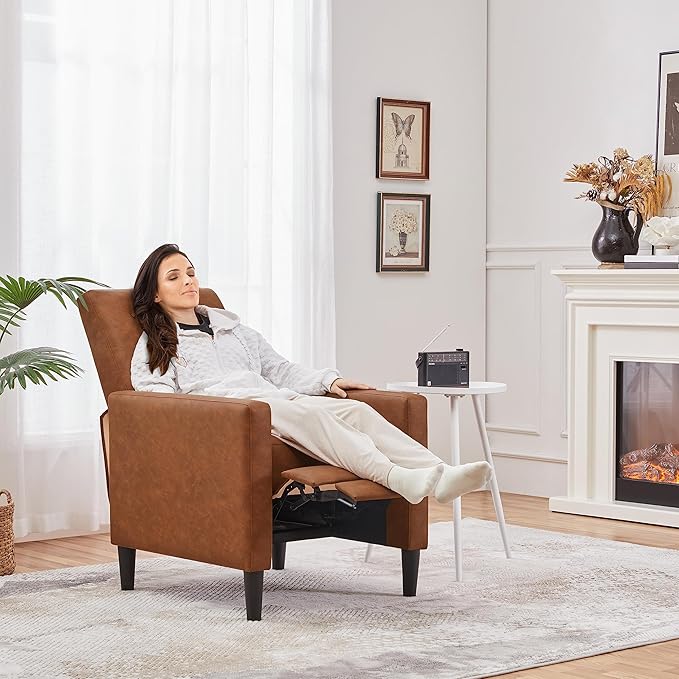 Topeakmart Faux Leather Recliner Sofa Mid-Century Modern Single Reclining Chair Adjustable Back &amp Footrest Tufted Upholstered Sofa with Pocket Spring Living Room Bedroom Home Theater Brown