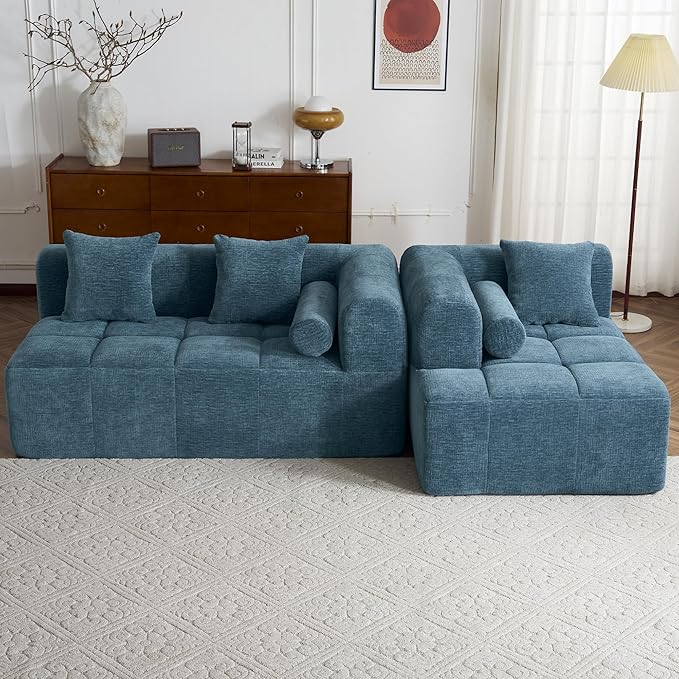 101.2 Sectional Sofa Full-Compressed Sofa Modular Sofa Couch Free-Combined with Deep Seating and Two Side Pockets for Living Room (Blue@90)
