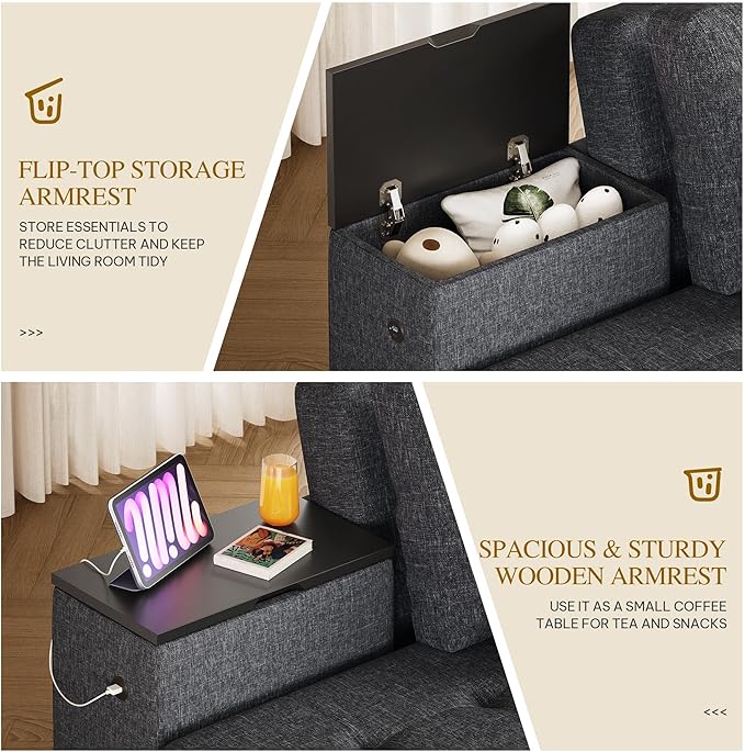 YITAHOME Queen Size Sleeper Sofa 5-in-1 Convertible Sofa Bed Couch with 2 Storage Cabinets and USB Ports 100 Sectioanl Sofa Couch with 2 Throw Pillow for Living Room Grey Linen Fabric