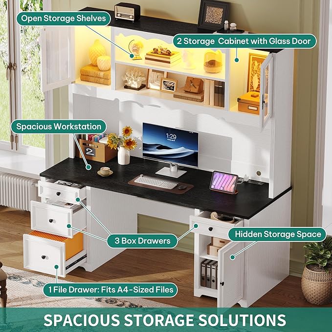 YITAHOME Executive Desk with Hutch and Drawers Farmhouse Computer Desk with Power Outlet &amp LED Lights Home Office Desks with Storage Shelves Storage Cabinet with Glass Door White &amp Black