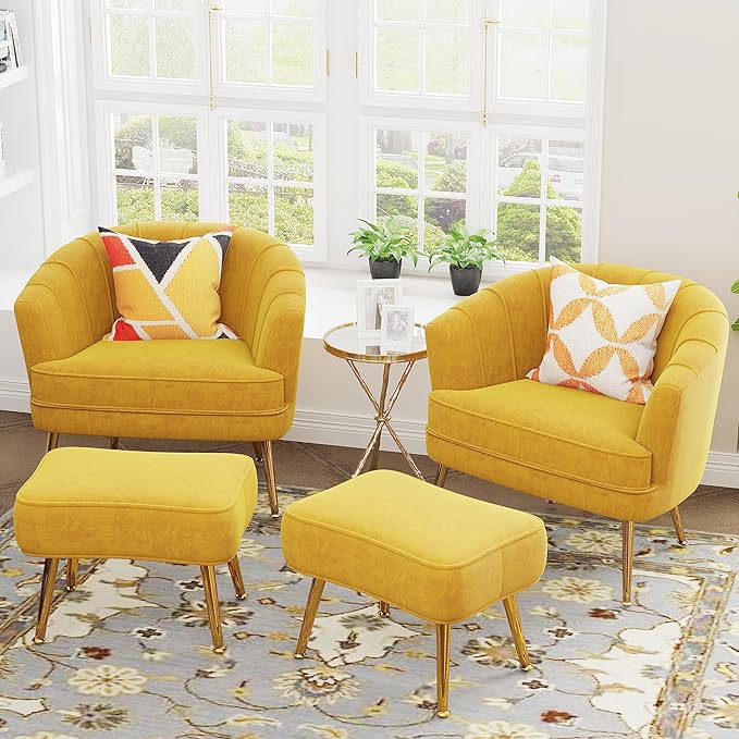 Velvet Accent Chairs with Ottoman for Living Room Bedroom Office Leisure Upholstered Single Sofa Chair Arm Chair Comfy Chair Reading Club Coffee Chair with Metal Legs Yellow