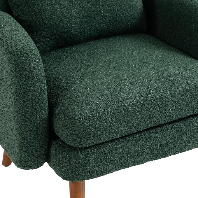 Mid Century Lounge Armchair with Boucle Fabric Solid Wood Legs and Comfortable Cushions Ideal for Bedroom and Living Room Reading and Relaxing (Emerald)