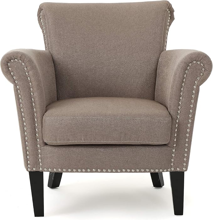 Christopher Knight Home Brice Vintage Scroll Arm Studded Fabric Club Chair Light Coffee / Dark Brown 31D x 29.5W x 31.5H in