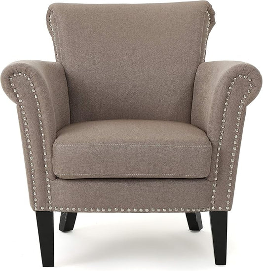 Christopher Knight Home Brice Vintage Scroll Arm Studded Fabric Club Chair Light Coffee / Dark Brown 31D x 29.5W x 31.5H in