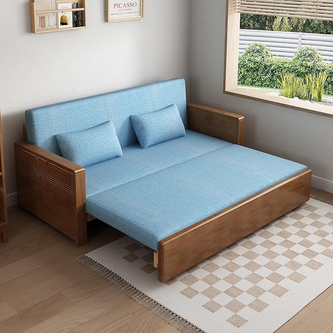 59 Double Convertible Sofa SleeperBlue Cushion Sectional Sleeper Sofa with Reversible ChaiseSolidwood Sofa Bed 3 in 1 Pull Out Couch Bed for Living RoomApartmentBedroomOffice