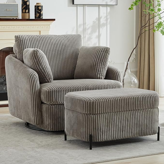 Aoiy &amp Wifon 40.55 W Oversized Swivel Chair with OttomanSwivel Accent Chair with Ottoman for Living Room Corduroy Gray