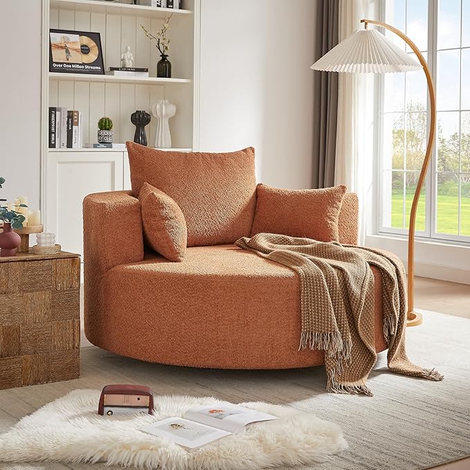 Oversized Round Swivel Chaise Modern 360°Swivel Barrel Chair with 3 Pillows Comfy Chenille Chaise Lounge Chair Indoor Single Cloud Circle Sofa for Living Room Bedroom Office (Red)