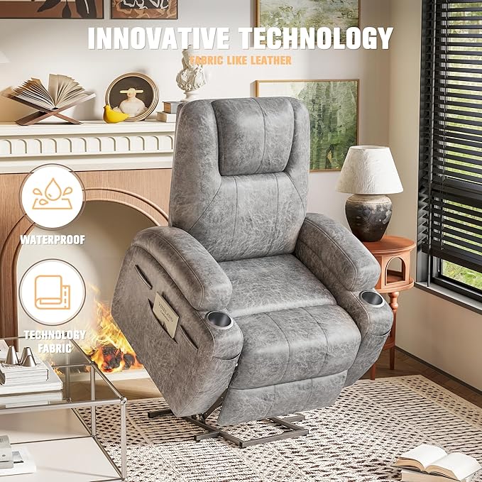 Flamaker Power Lift Recliner Chair Electric Lift Recliner for Elderly Power Lift Recliner Chair with Cup Holders Side Pockets for Living Room (Leathaire Light Gray)