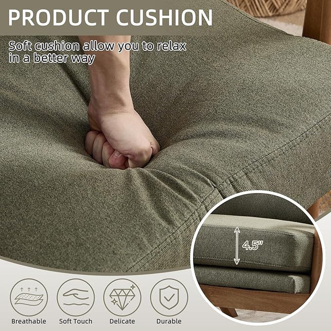 Mid Century Modern Accent Chair Linen Fabric Upholstered Lounge Arm Chair with Solid Wood Frame and Soft Cushion for Living Room Bedroom Balcony (1 Green)