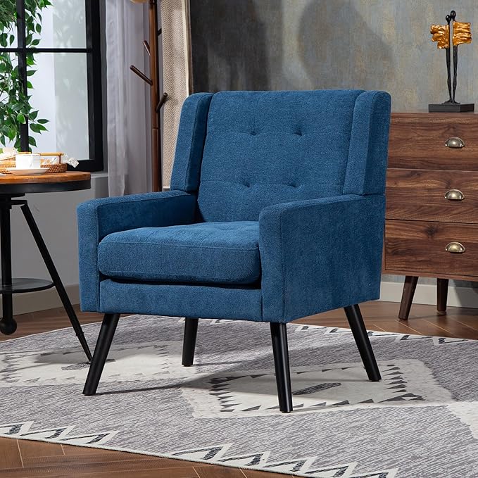 Mid-Century Modern Accent Chair Plush Linen Fabric with Button Tufted High Back &amp 5 Thick Cushion High Comfort Reading Chair for Living Room Bedroom Office (Blue)