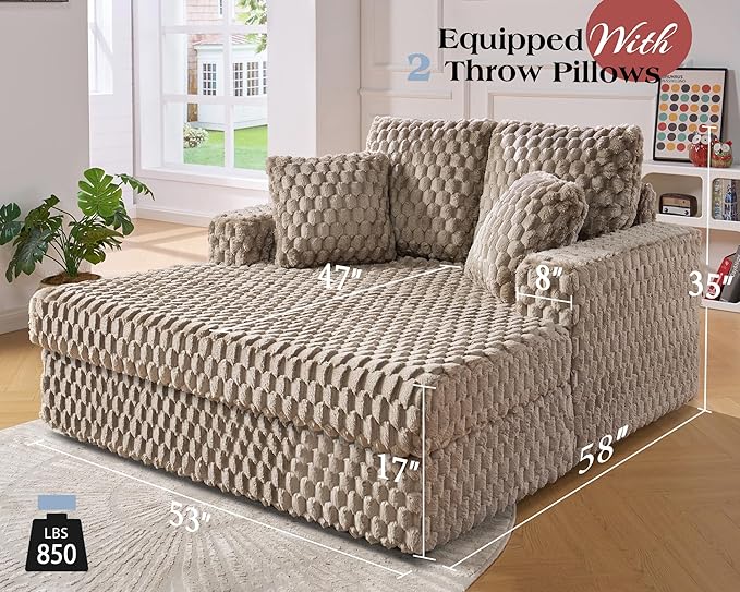 VanAcc 58 Inch Upholstered Chaise Lounge Plush Sleeper Chair with Throw Pillows and Armrests Sofa Bed Indoor for Living Room Brown