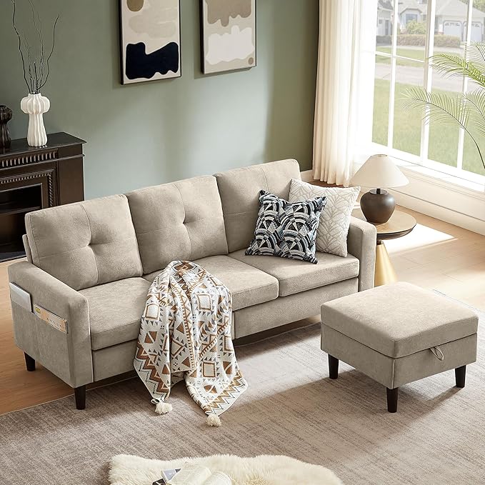 80 Convertible Sectional Sofa Couch with Movable Ottoman 3 Seats Sectional Sofas L Shaped Couch for Small Spaces Soft Fabric Couch for Living Room (Beige)