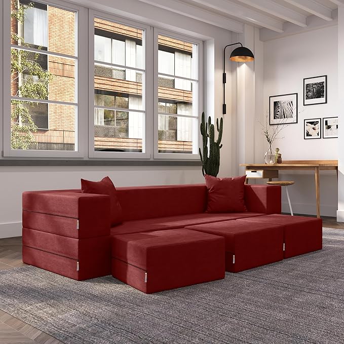 Jaxx Zipline Convertible Sleeper Sofa &amp Three Ottomans/California King-Size Bed Textured Microvelvet - Berry Red