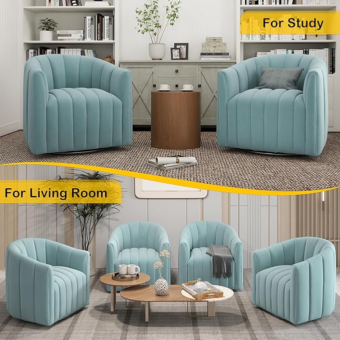 Swivel Accent Chair Velvet Barrel Arm Chair for Living Room Pumpkin Shaped Curved Chair with Metal Base for Bedroom Balcony Study Room（Blue）