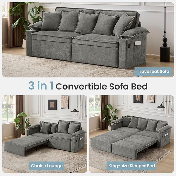 82.7’’ King Size Light Grey Pull Out Sofa Bed 3 in 1 Convertible Sleeper Sofa Bed with Futon Sofa  Chenille Loveseat Couch Bed with USB and Storage Pockets for Living RoomBedroom Pet-Friendly | Pu