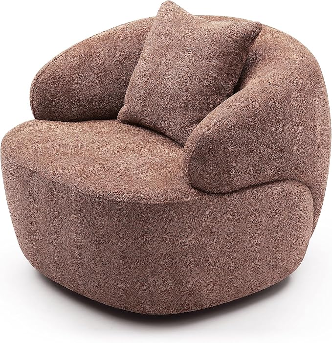 KEIKI 35 Round Oversized Boucle Single Sofa Chair with Ergonomic Design Upholstered Modern Style 1-Seater Corner Swivel Barrel Chair Easy Assembly for Office Apartment Living Room Brown