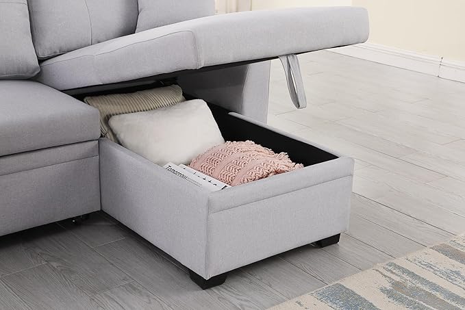 83 L-Shaped Sleeper Sectional Sofa with Storage Chaise &amp Cup Holders – Pull-Out Convertible Bed 3-in-1 Space-Saving Design for Apartments Modern Linen Fabric Easy Assembly