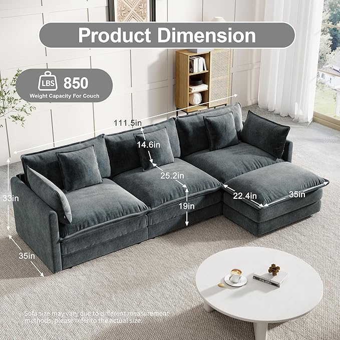 Modular Sectional Sofa 111.5 Inch L-Shaped Cloud Sofa with Deep Seat Chenille Sofa with Cushions Three-Self Sectional Sofa for Living Room ApartmentGray