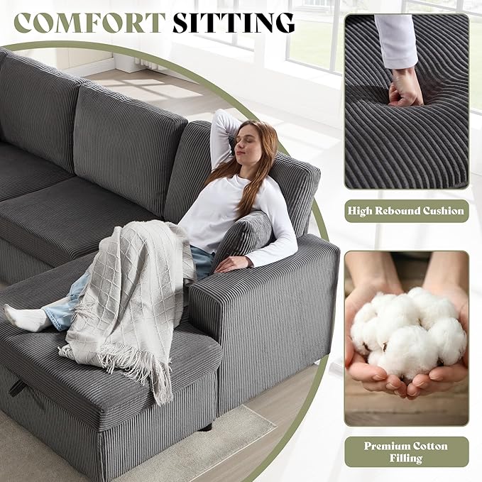 AMERLIFE 129 Inch Sectional Couches for Living RoomSectional Couch with Storage &amp OttomanModular Sectional Sofa Converts to SleeperCloud Couch Sectional for Large Space with CorduroyGrey