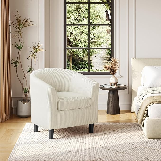 Yaheetech Corduroy Barrel Chair Upholstered Club Accent Chair Round Armchair with Soft Cushion for Living Room Bedroom Reading Waiting Room Beige