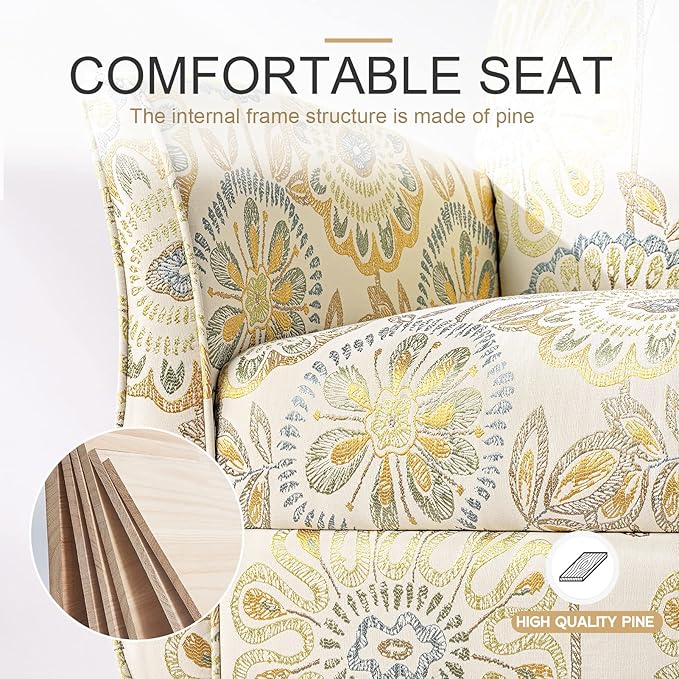 Wingback Chair Floral Club Chair Accent Living Room Chairs Fabric Pattern Retro Casual Recessed Armchair Accent Chairs Tufted Single Sofa Chair(Beige+Yellow + Fabric)