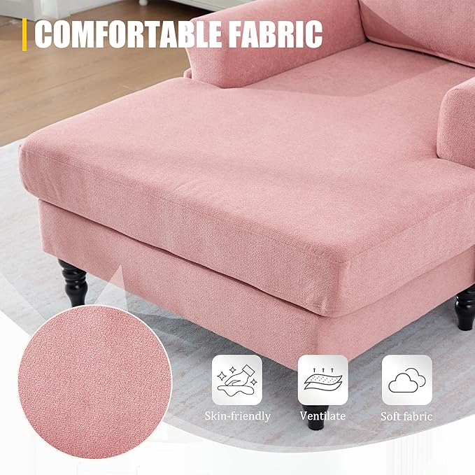 KEIKI Chaise Lounge Chair Indoor Oversized Accent Chenille Armchair with Storage Leisure Sleeper Single Sofa Side Chair Corner Recliner Arm Chairs for Living Room Reading Easy Assembly Pink