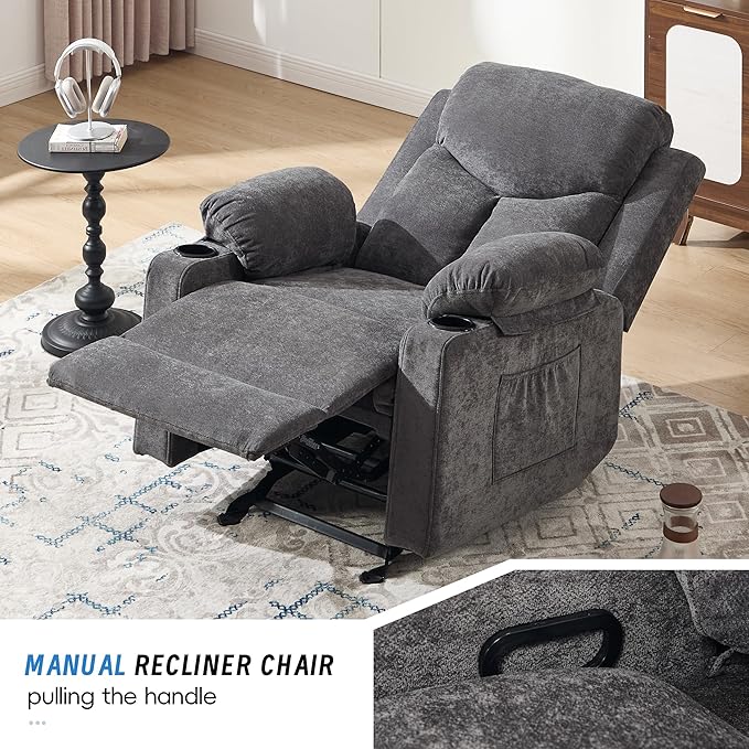 Manual Rocker Recliner Chair for Adults with Vibration MassageGlider Rocking Recliner Chairs for Living Room Bedroom Overstuffed Reclining Sofa Chair with Pockets and Cup Holds (Dark Grey)