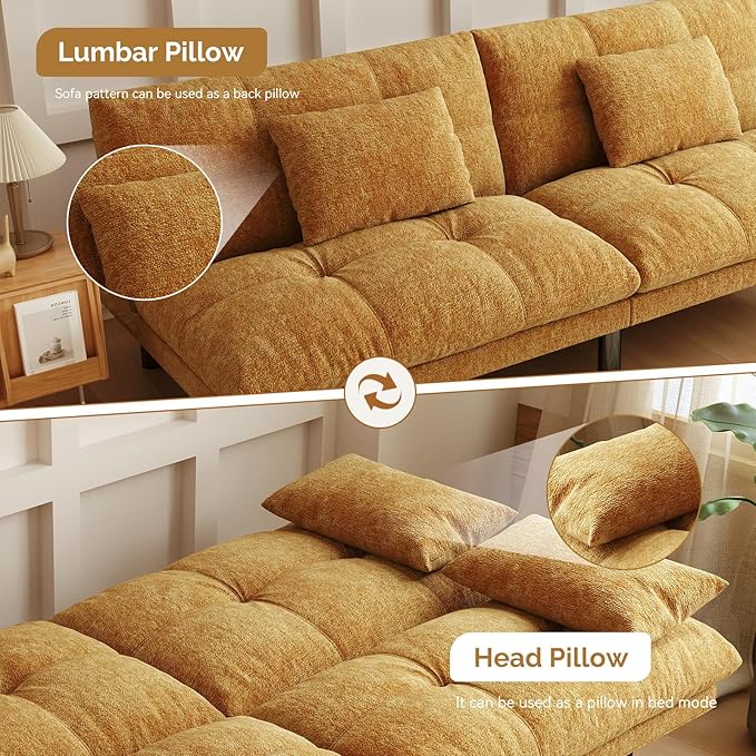 Futon Sofa Bed Convertible 70 inch Solid Wood Couch for Living Room Chenille Fabric 2 Cushions (Caramel Orange)