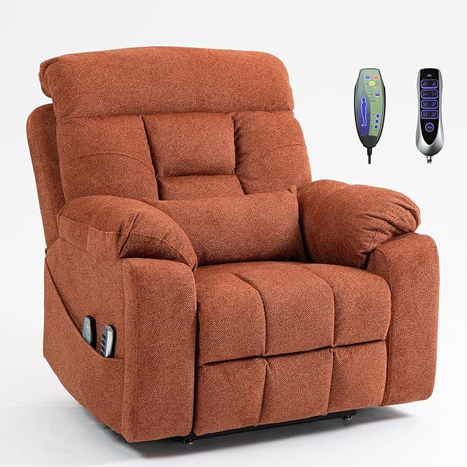 4 Motor Power Lift Recliner Chair for Elderly 400LBS Big Man Oversized Lay Flat Recliner with Massage Heat Zero Gravity Electric Lift Chair Adjustable Headrest Cup Holders Orange