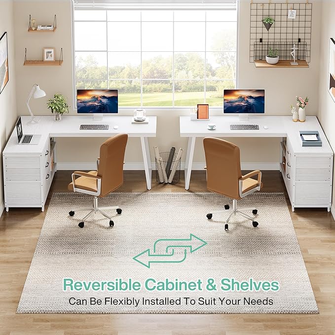 Tribesigns 53 L Shaped Office Desk Reversible Corner Computer Desk with 3 File Drawers and 2 Storage Shelves for Home Office Study Gaming Room (White)