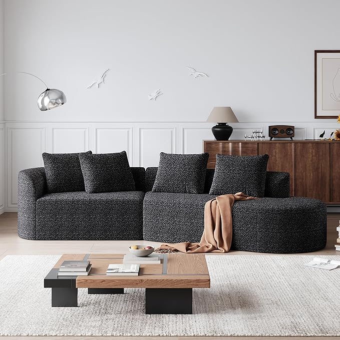 112 Modern Cloud Sectional Sofa Chenille 4-Seater Curved Couch with 4 Pillows Extra Deep &amp Wide Seat No-Assembly Compressed Upholstered Living Room Sofa for BedroomApartmentBlack Left