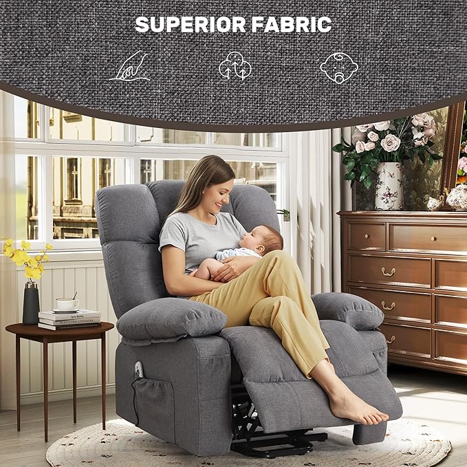 Power Lift Recliner Chair for Elderly Big and Tall Lift Chair with Massage and Heat for Living Room Fabric Electric Recliner Chairs with 4 Side Pockets USB Charge PortGrey