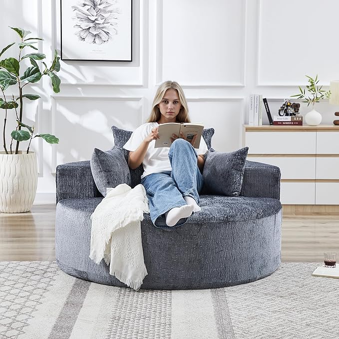 55.5 Oversized Round Chaise Lounge Upholstered Corduroy Cuddle Chair for Adults Single Circle Lounge Chair with Deep Seat for Living Room Bedroom No Assembly Needed Dark Grey